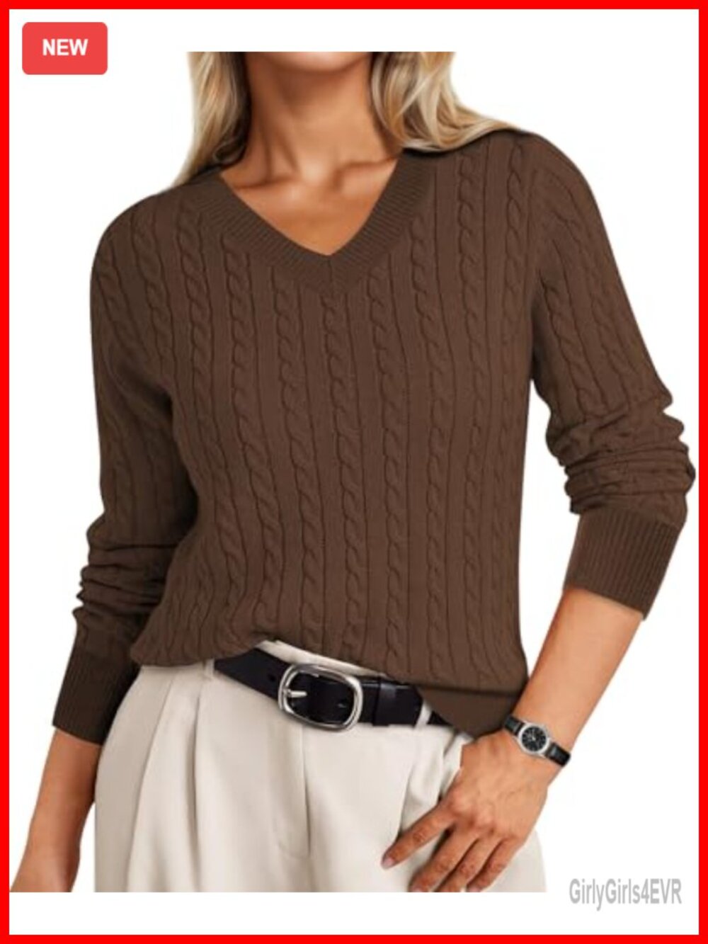 Cable Knit V-Neck Long Sleeve Pullover Sweater Casual Trendy